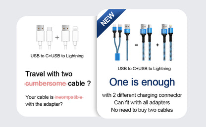 2 in 1 Multi Cable USB Charging Cable USB to USB C and Lightning Cable