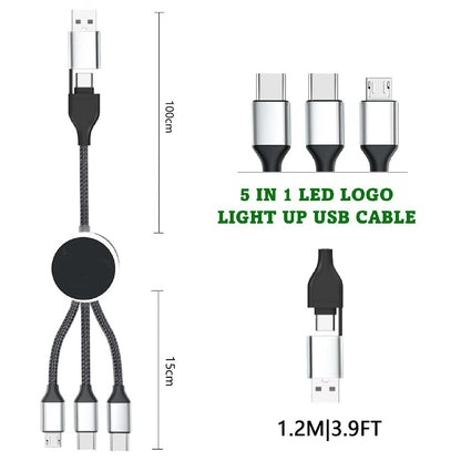 custom glow multi phone charger fast charging nylon universal USB PD 3 5 in 1 led light up logo cable for promotional gifts