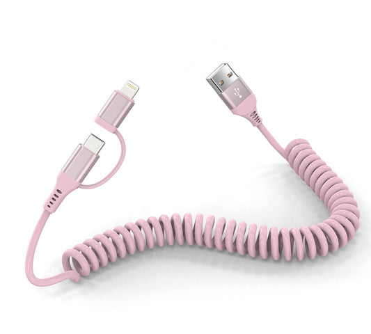 Pink Retractable 2 in 1 Lightning and USB C Cable for Apple