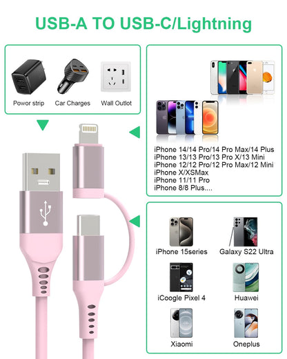 Pink Retractable 2 in 1 Lightning and USB C Cable for Apple