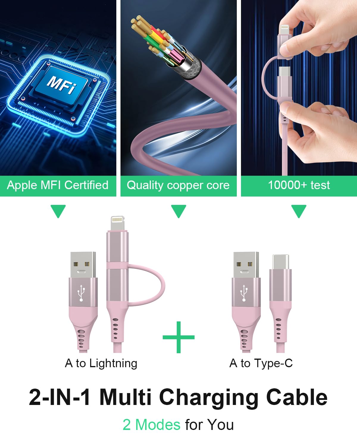 Pink Retractable 2 in 1 Lightning and USB C Cable for Apple